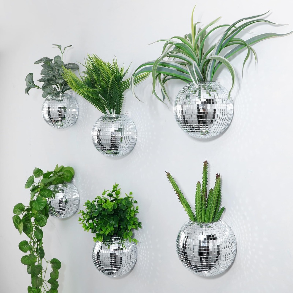 NWT 6 Pc Disco Ball Planter Set 4.7" Wall Hanging Glass Vase Silver